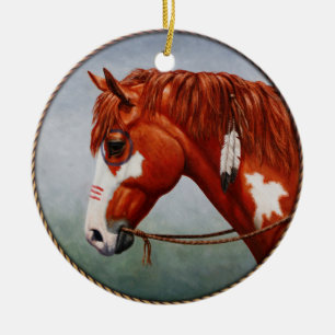 Native American Chestnut Pinto Krig Horse Julgransprydnad Keramik