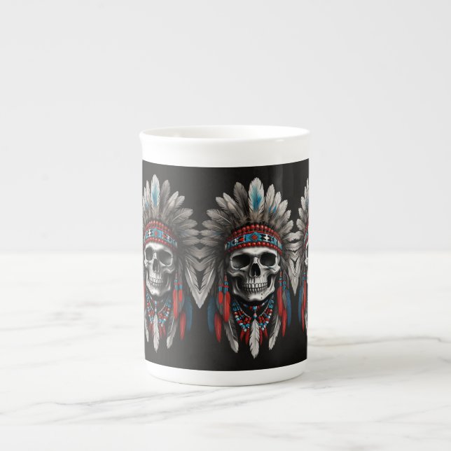 Native American Chief Skull med headdress Benporslin Mugg (Framsidan)