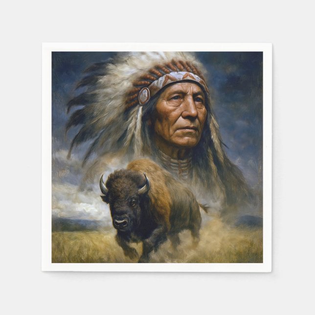Native American Chief with Charging Buffalo Pappersservett (Framsidan)