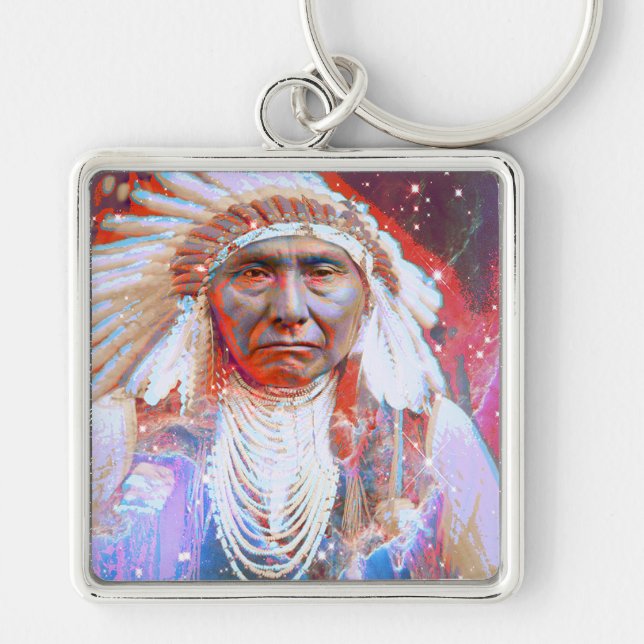 Native American Crazy Horse Fyrkantig Silverfärgad Nyckelring (Framsidan)