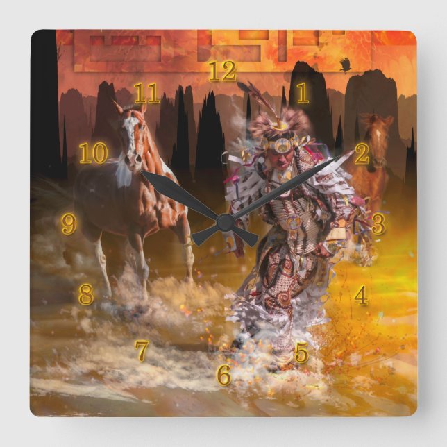 Native American Dancer ROLLING THUNDER Fyrkantig Klocka (Framsida)