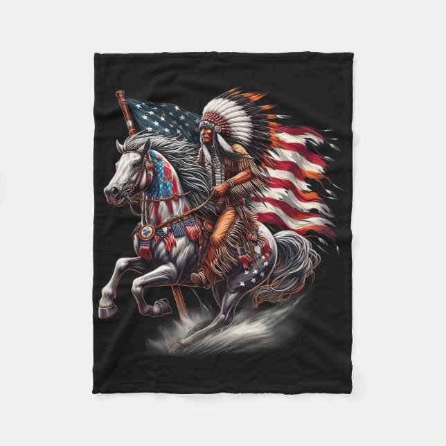 Native American Day Flag Indian Riding Horse 4:e j Fleecefilt (Framsidan)