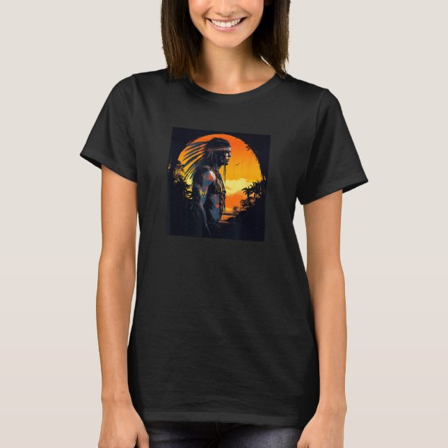 Native American Day Warrior Sunset Retro For Boys  T Shirt (Framsida)