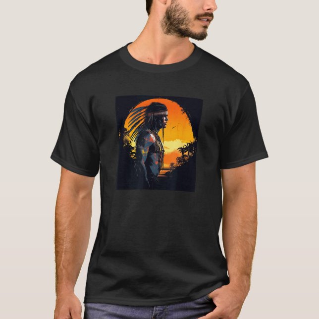 Native American Day Warrior Sunset Retro For Boys  T Shirt (Framsida)