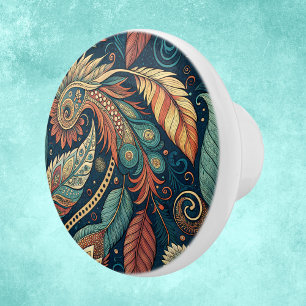 Native American Feather Swirl Terra Cotta Teal Knopp