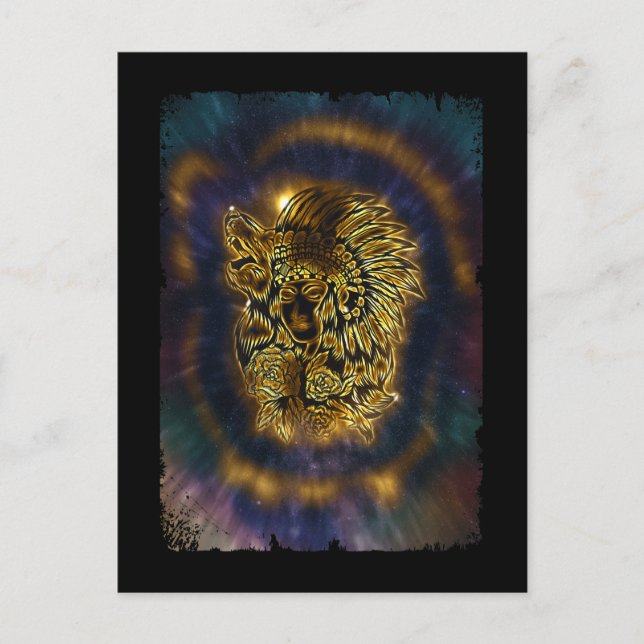 Native American Girl Galaxy Howling Varg Vykort (Framsida)