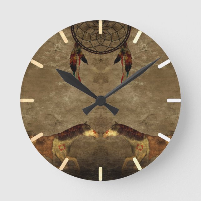 Native American Horses & Dream Catcher Rund Klocka (Framsida)