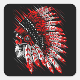 Native American Indian Chief Skull Motorcycle Head Fyrkantigt Klistermärke
