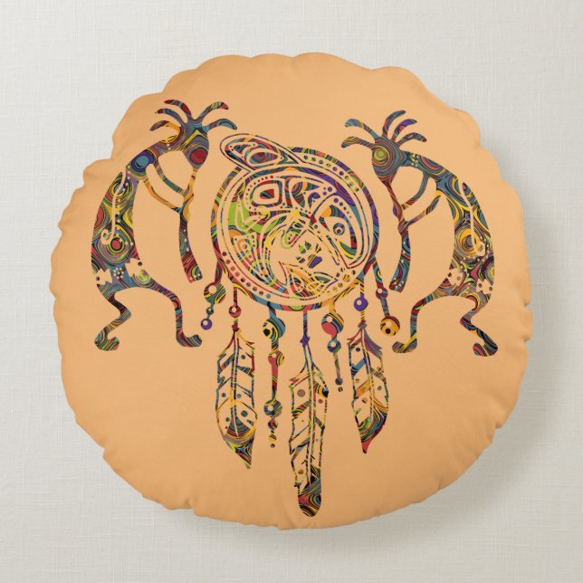 Native American Kokopelli Whale Dreamcatcher 2 Rund Kudde (Framsidan)