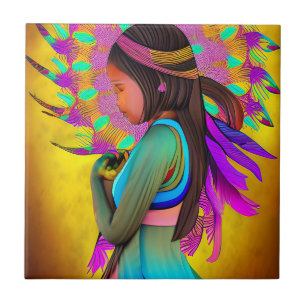 Native American Little Girl AI Art Kakelplatta