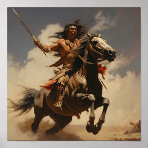 Native American Modig Throwing a Spear från Horseb Poster