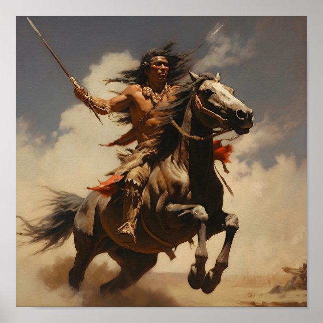 Native American Modig Throwing a Spear från Horseb Poster (Framsidan)