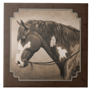 Native American Pinto Krig Horse i Sepia Kakelplatta