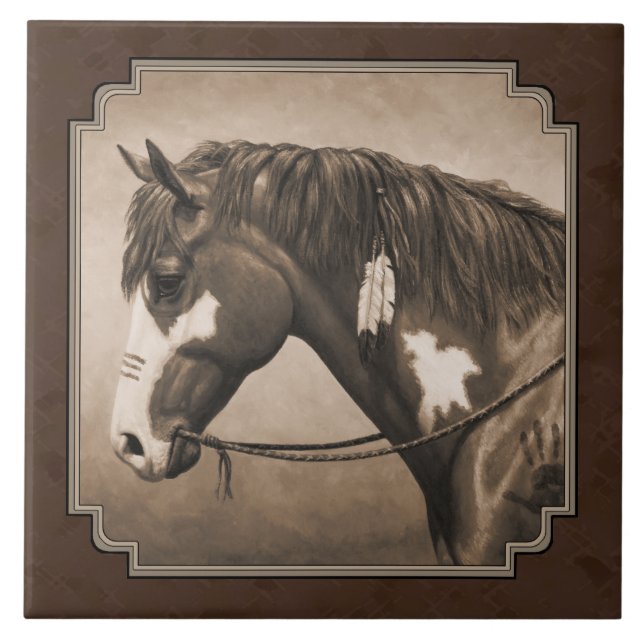 Native American Pinto Krig Horse i Sepia Kakelplatta (Framsidan)