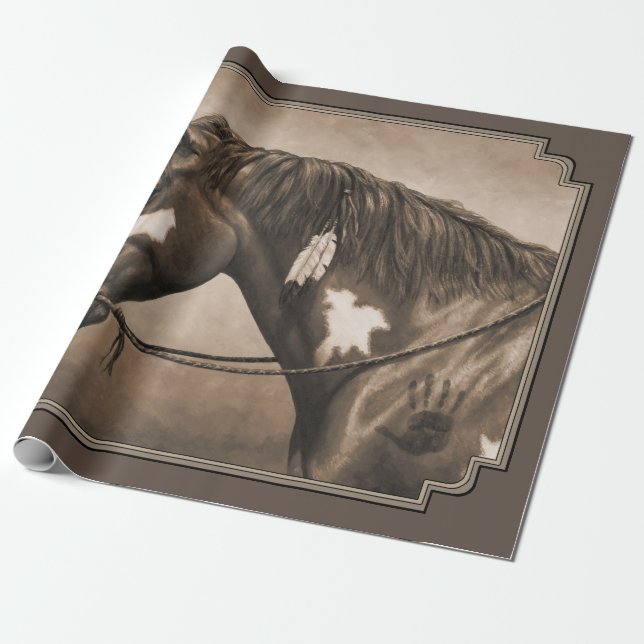 Native American Pinto Krig Horse i Sepia Presentpapper (Utrullad)