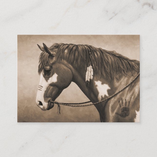 Native American Pinto Krig Horse i Sepia Visitkort (Framsida)