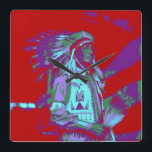 Native American Pop Art Fyrkantig Klocka<br><div class="desc">Ett popkonsverk av en Native American</div>