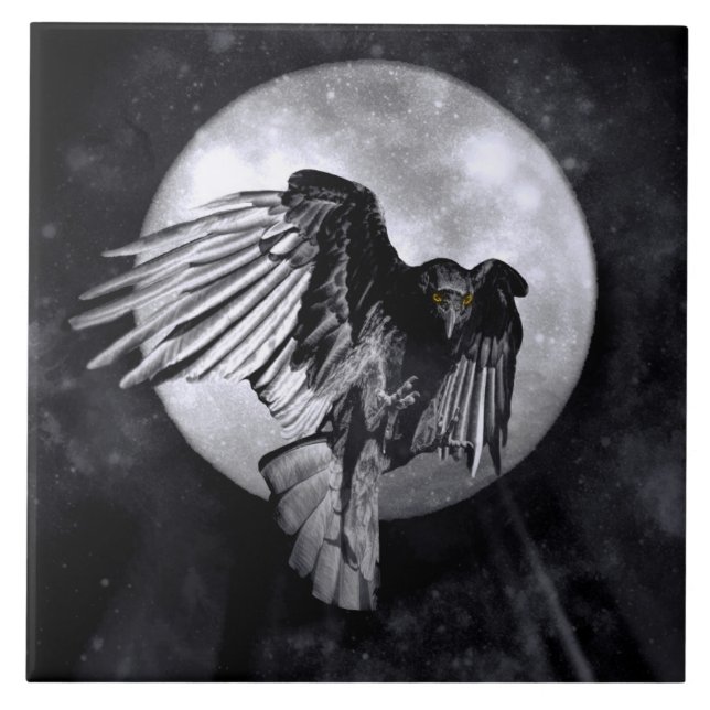 Native American Raven eller Kråka och Måne Kakelplatta (Framsidan)