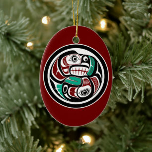 Native American Red Black Art Otter Salmon Julgransprydnad Keramik