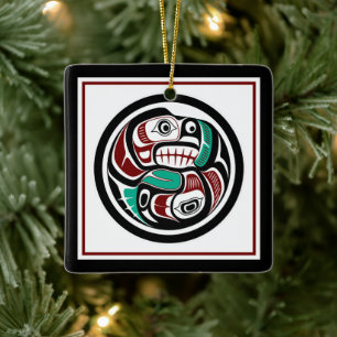 Native American Red Black Art Otter Salmon Julgransprydnad Keramik