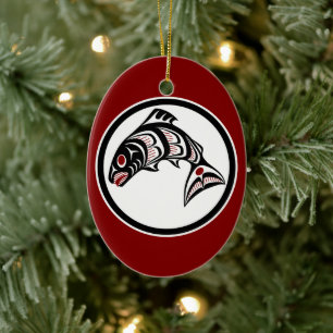 Native American Red Black Art Vector Salmon Julgransprydnad Keramik