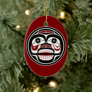 Native American Red Black Art Weeping Skull Julgransprydnad Keramik
