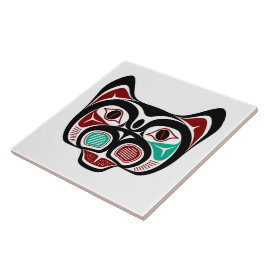 Native American Red Black Haida Art Kattunge Kakelplatta