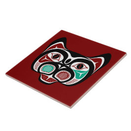 Native American Red Black Haida Art Kattunge Kakelplatta
