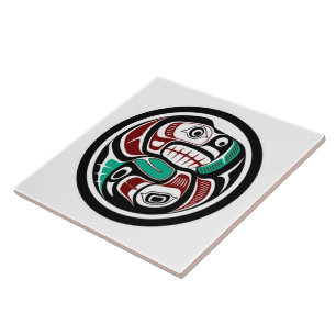 Native American Red Black Haida Art Otter Salmon Kakelplatta