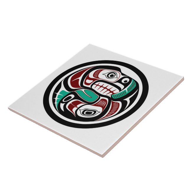 Native American Red Black Haida Art Otter Salmon Kakelplatta (Sidan)