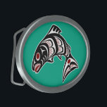 Native American Red Black Haida Art Salmon<br><div class="desc">Dekorera bälte med bälte-bockeln med en vacker Haida Salmon från British Columbia, Kanada. Grönten Bakgrund. Du kan inte gå fel med Northwest kusten Haida art, det har varit populärt i årtionden. Dessa första nationer är idealiska för kläder och ser alltid ut som bra. Formline är en urbefolkningskonst som bildas av...</div>