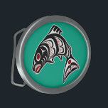 Native American Red Black Haida Art Salmon<br><div class="desc">Dekorera bälte med bälte-bockeln med en vacker Haida Salmon från British Columbia, Kanada. Grönten Bakgrund. Du kan inte gå fel med Northwest kusten Haida art, det har varit populärt i årtionden. Dessa första nationer är idealiska för kläder och ser alltid ut som bra. Formline är en urbefolkningskonst som bildas av...</div>