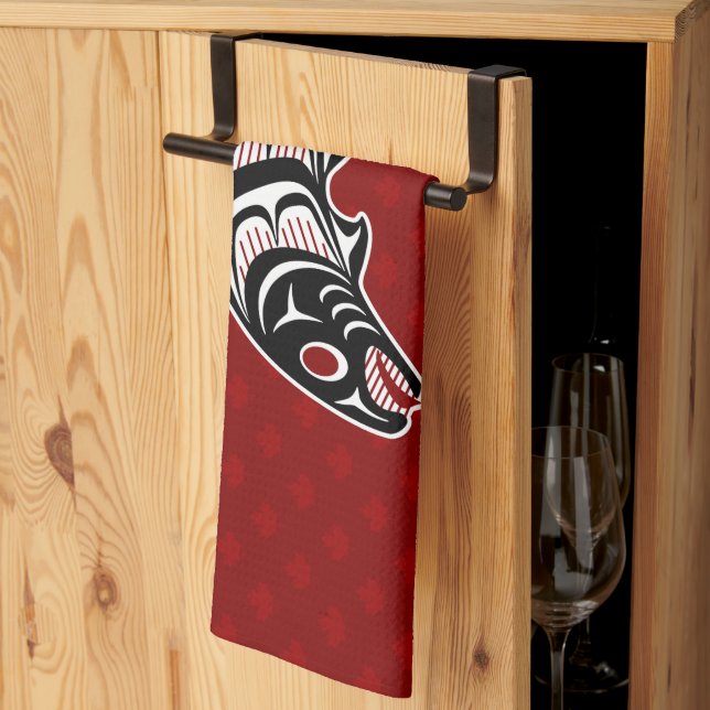 Native American Red Black Haida Art Salmon Kökshandduk (Thirds Fold)