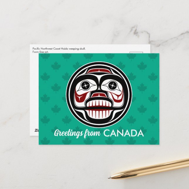 Native American Red Black Haida Art Weeping Skull Vykort (Fram/Back In Situ)