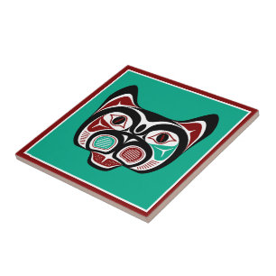 Native American Red Black Vector Haida Art Kattung Kakelplatta
