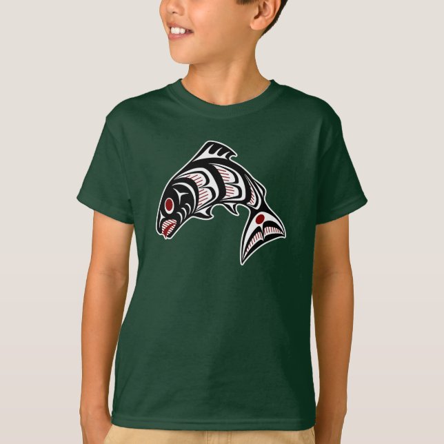 Native American Red Black White Haida Art Salmon T Shirt (Framsida)