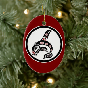 Native American Red Black White Haida Killer Whale Julgransprydnad Keramik