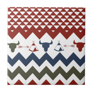 Native American Red Blue Chevron Tipi Döskallars A Kakelplatta