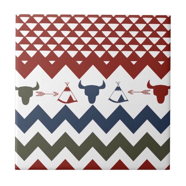 Native American Red Blue Chevron Tipi Döskallars A Kakelplatta (Framsidan)