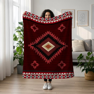 Native American Red Mönster Indian Tribal Geometry Fleecefilt