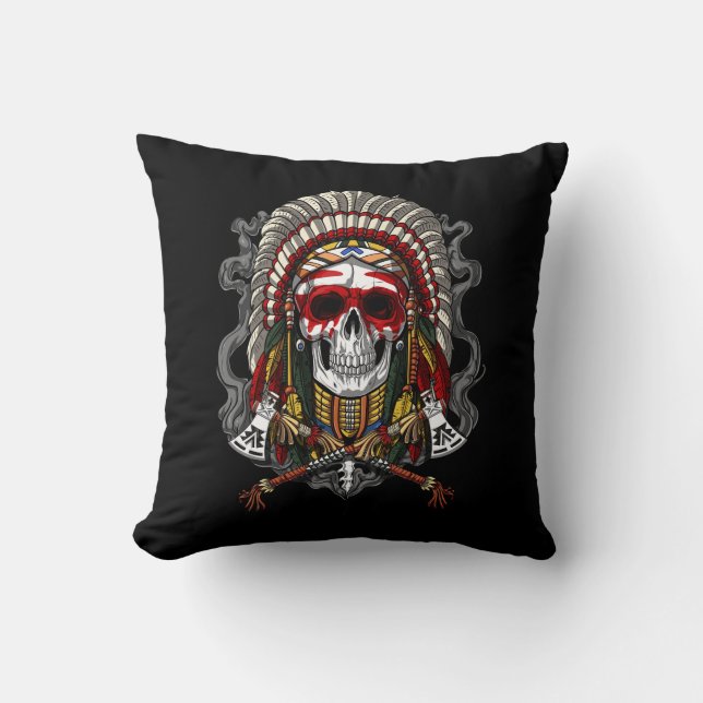 Native American Skull Indian Chief Headdress Kudde (Framsida)