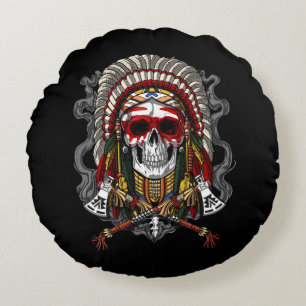 Native American Skull Indian Chief Headdress Rund Kudde