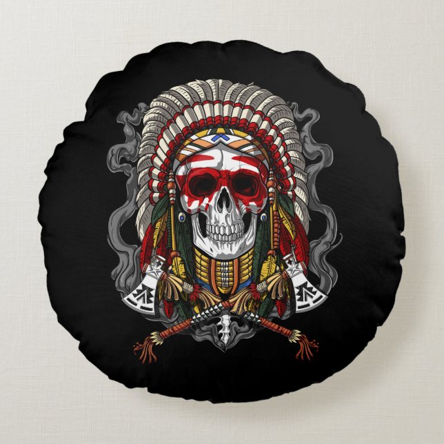 Native American Skull Indian Chief Headdress Rund Kudde (Framsidan)