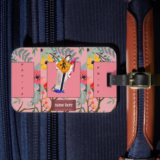 Native American Still Here Cartoon Floral Custom Bagagebricka (Framsida Insitu 4)