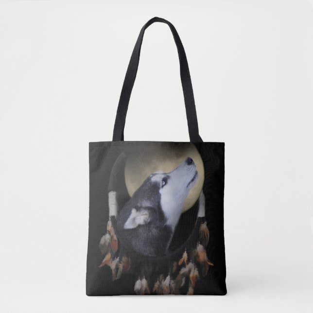 Native American Totem i Hund Dreamcatcher Tote Tygkasse (Framsida)
