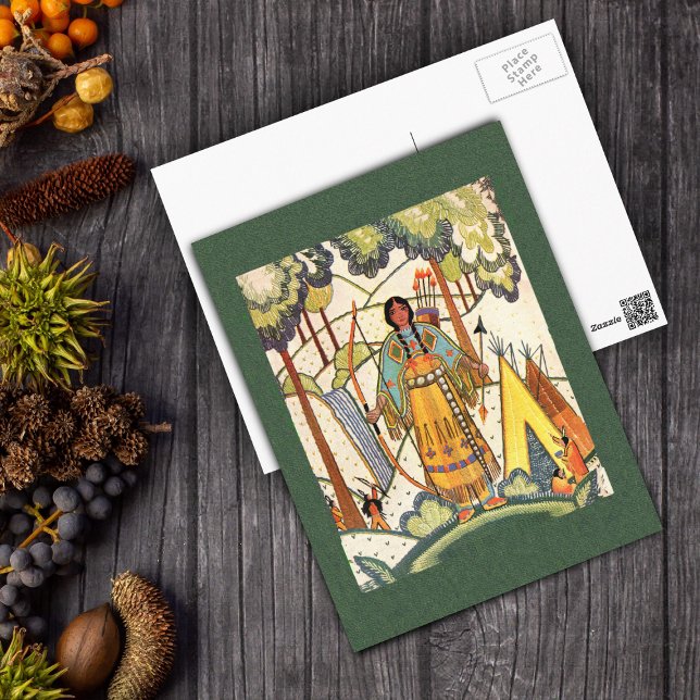 Native American-ungmöj Flick-kort Vykort (Native American woman traditional dress tee pee forest on green post card.)