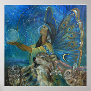 Native american varg uggla-kaninmålning poster