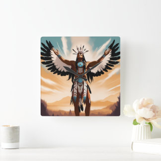 Native American Warrior Clock Fyrkantig Klocka