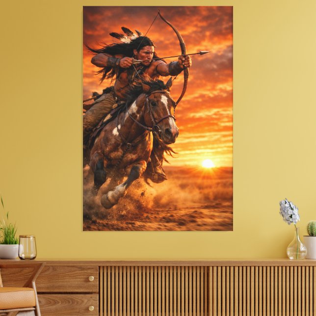Native American Warrior Galloping Horse at Sunset Canvastryck (Insitu (Vardagsrum))