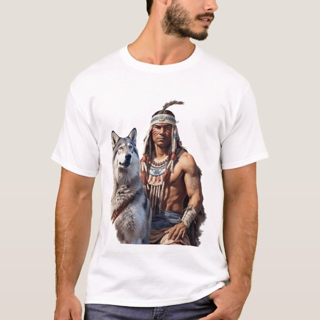 Native American Warrior med Varg T Shirt (Framsida)